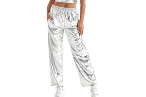 FEOYA Women's Shiny Metallic Rave Pants Elastic High Waist Wide Leg Trousers Hip Hop Disco Jogger Sweatpants Clubwear
