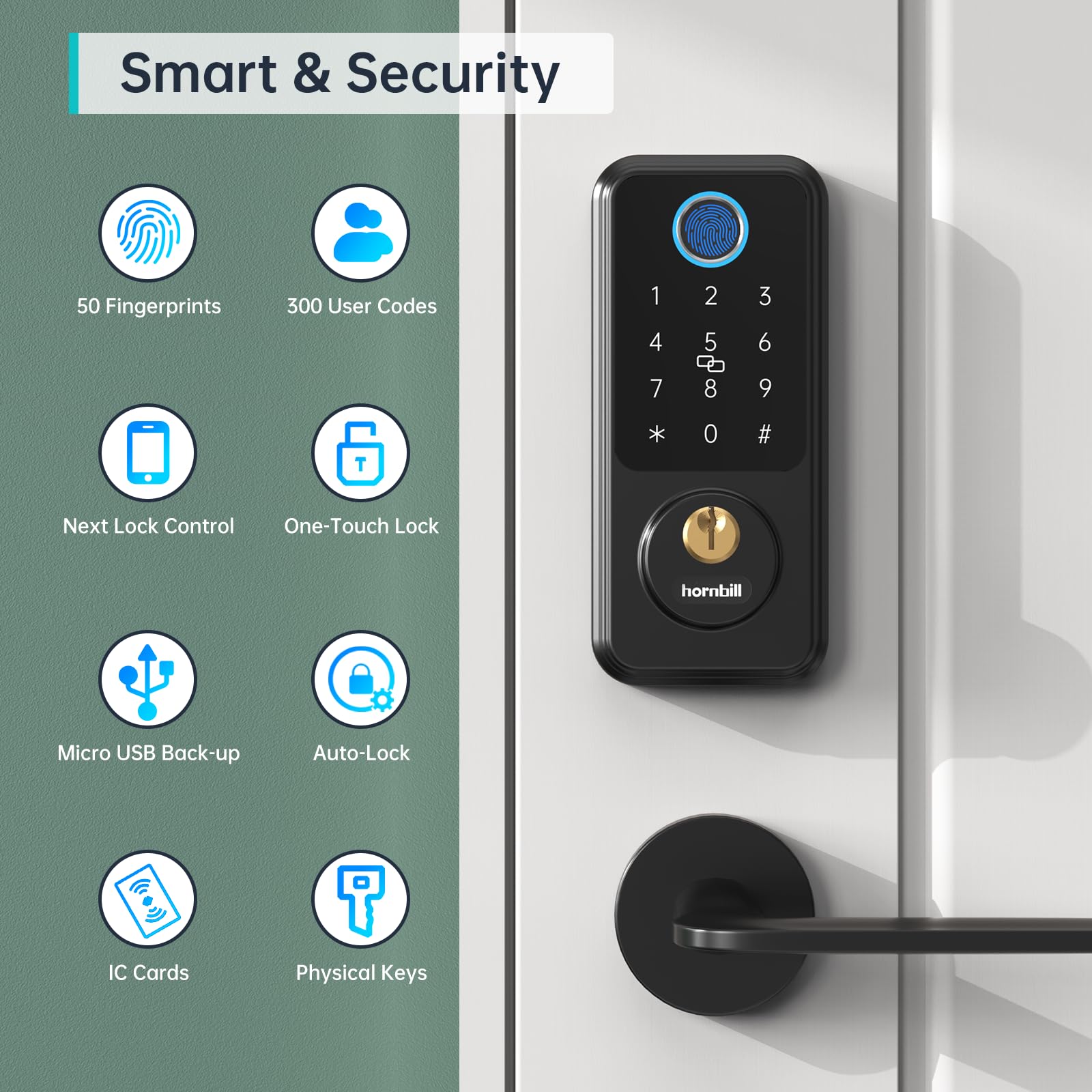 Smart Keyless Entry Door Lock, Hornbil Smart Deadbolt Door Locks for Front Door with Fingerprint Bluetooth Electronic Deadbolt, Biometric Touchscreen Keypad Door Lock, Works with App, Black