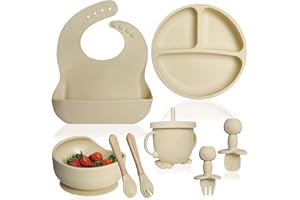 Bluet B- Silicone Baby Feeding Set - Baby Led Weaning Supplies - Baby Spoons, Suction Bowl - Plate - Baby Utensils - Silicone Feeding Set for Baby First Foods, Infant Eating - 8pcs - Beige