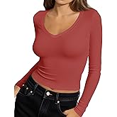 Artfish Women's Long Sleeve V Neck Crop Top Ribbed Knit Slim Fitted Basic T-Shirts