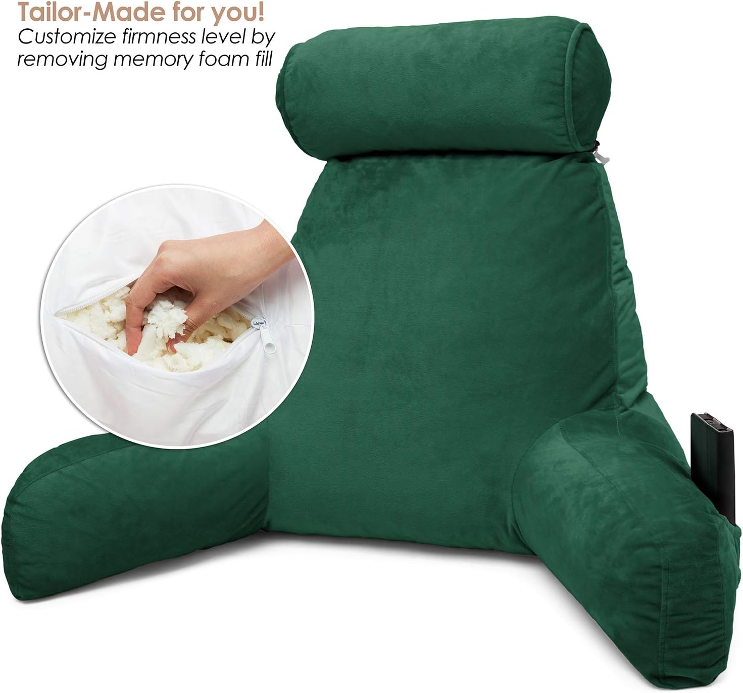 Clara Clark Bed Rest Reading Pillow with Arms and Pockets Premium Shredded Memory Foam, Detachable Neck Roll & Lumbar Support, Large, Hunter Green: Home & Kitchen