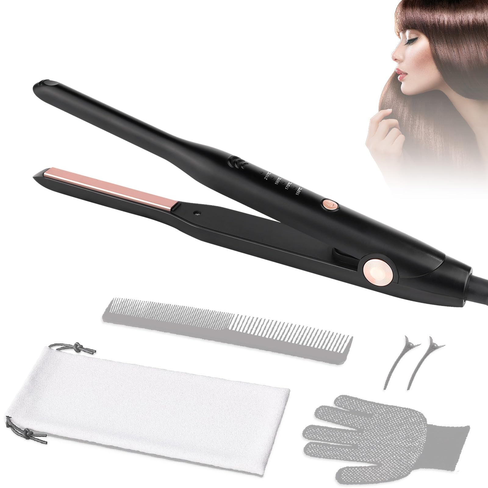 Exigns Hair Straightener, Pencil Straighteners for Short Hair, Mini Hair Straighteners for Woman and Man, Ceramic Panel with 4-Step Temperature Setting and Anti-scalding