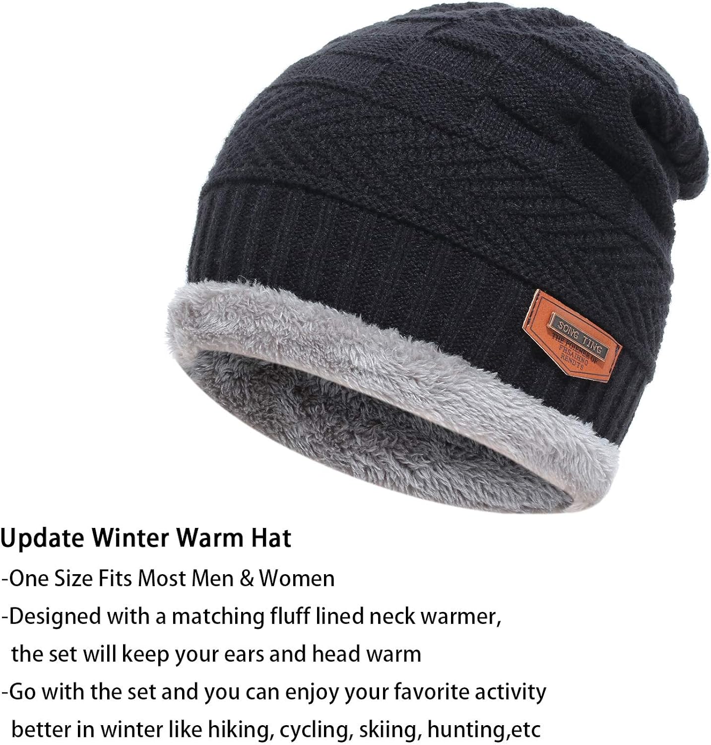 Men's 2-Pieces Winter Beanie Hat Scarf Set Warm Knit Hat Thick Fleece Lined Winter Cap Scarves for Men Women Black at  Men’s Clothing store
