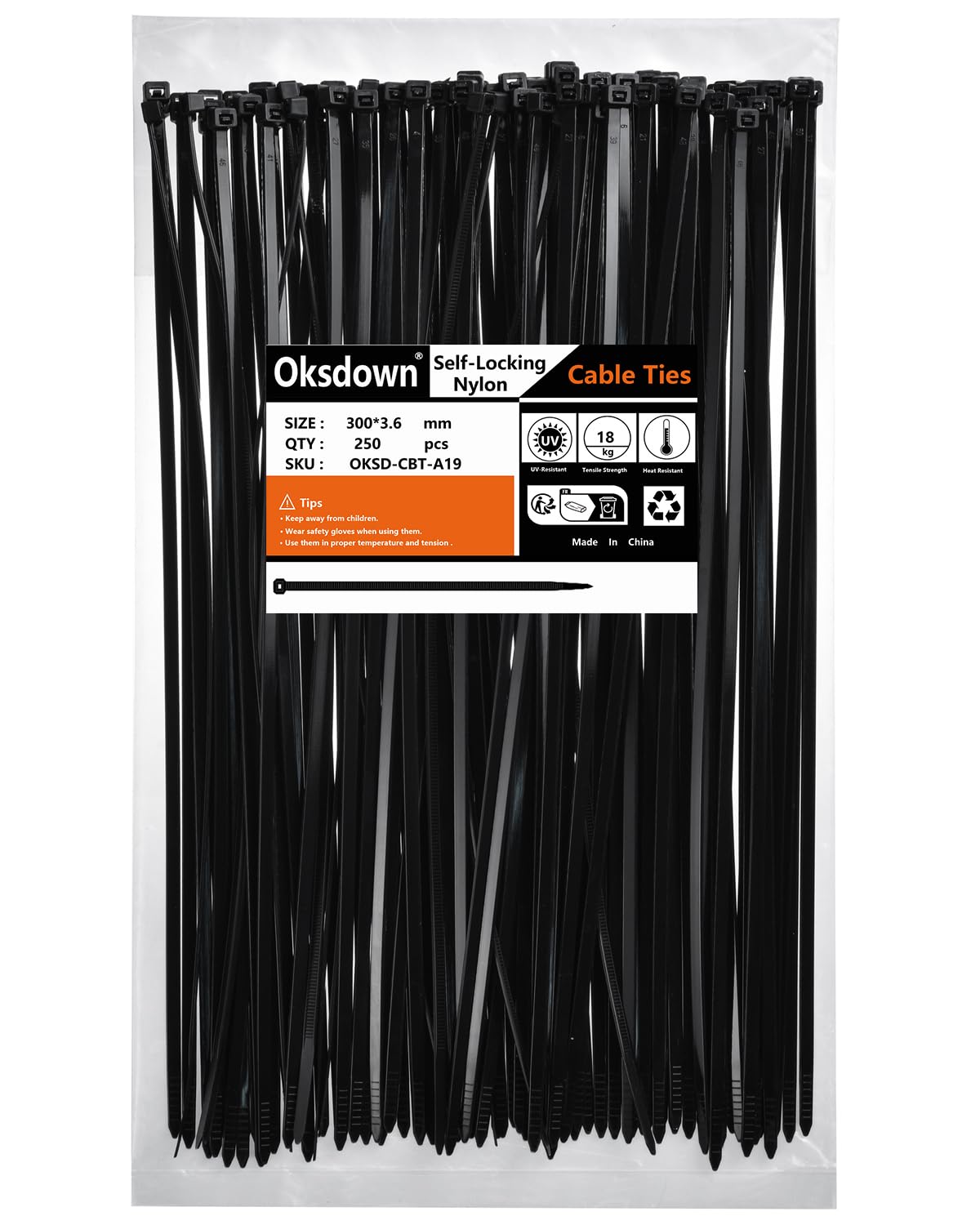 Oksdown 250 Pack Black Nylon Cable Ties 300mm×3.6mm Heavy Duty Strong Plastic Premium Self Locking 12 inch/30 cm Long Zip Tie Wraps