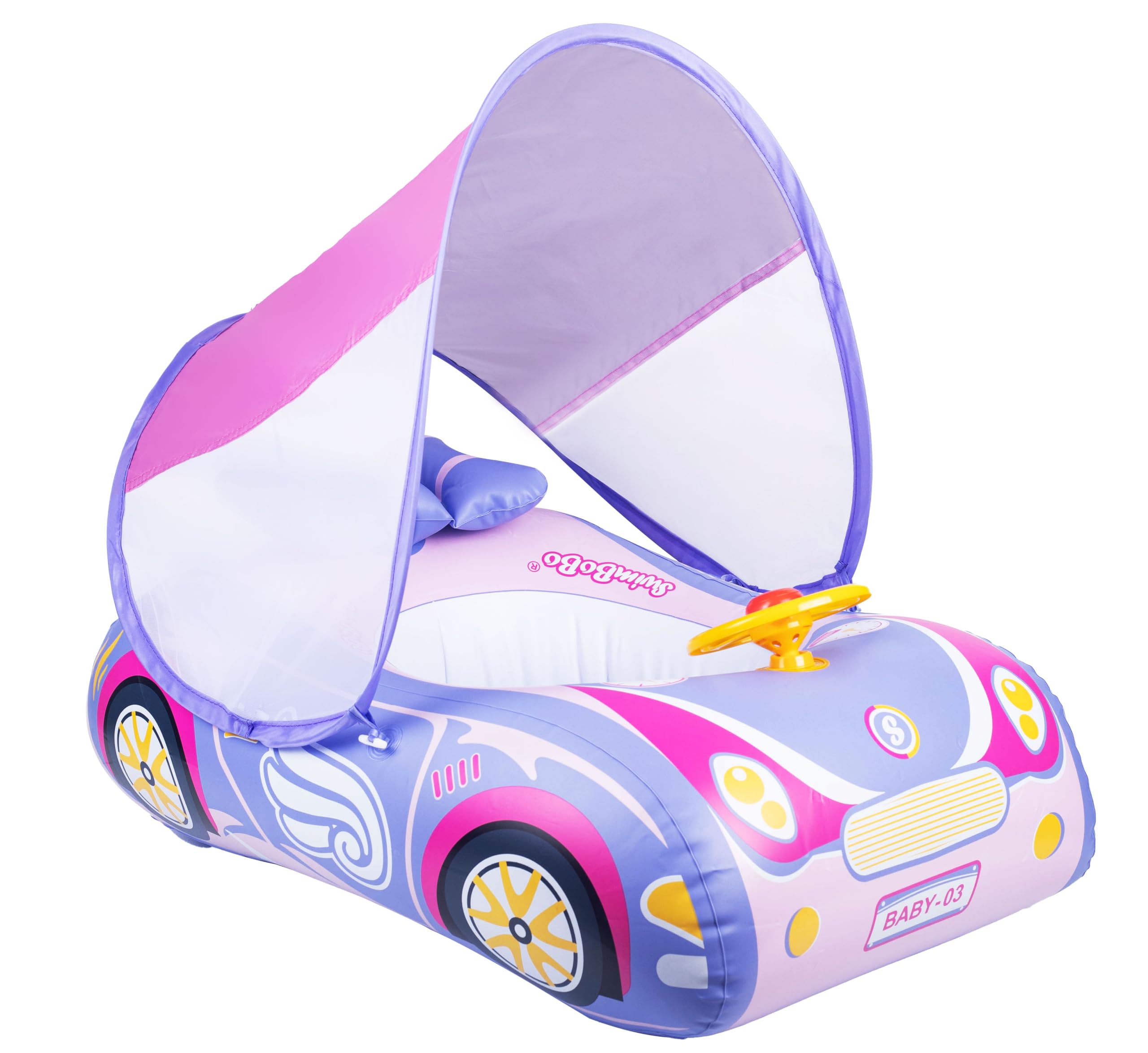 Baby Swimming Float, Toddler Baby Inflatable Pool Float with Sun Canopy Seat for 1-4 Years, Baby Girl Inflatable Baby Swimming Ring Pool Float for 12-48 Months Toddler Kids (Pink Car)