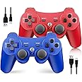 OKHAHA Controller 2 Pack for PS3 Wireless Controller for Sony Playstation 3, Double Shock 3, Bluetooth, Rechargeable, Motion Sensor, Remote for PS3 (With Stripes(Blue + Red))