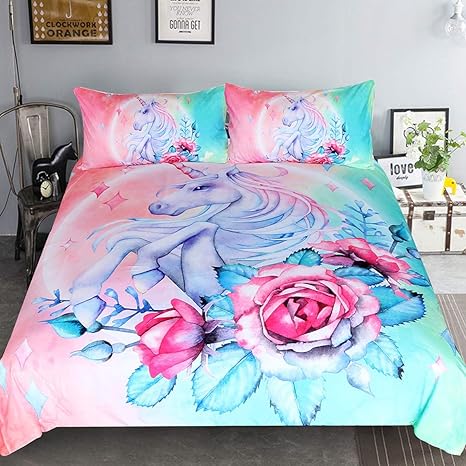 Amazon Com Sleepwish Unicorn Bedding Teen Magical Horse Rose Bedspreads 3 Piece Rose Pink Blue Bedding Unicorn Lovers Bedding Duvet Doona Cover Set Full Home Kitchen
