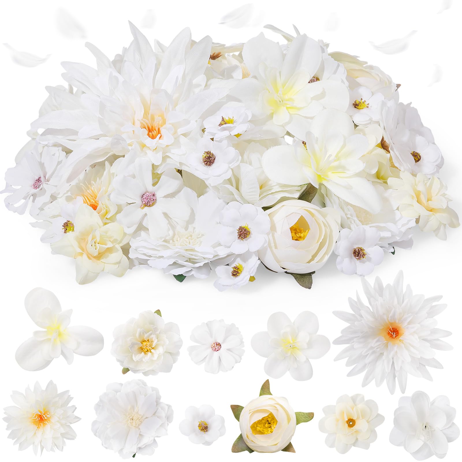 Photo 1 of Thiccywoov 80 Pcs Assorted Fake Flower Heads Mini Artificial Flower Heads Bulk Silk Faux Daisy for Crafts Fake Peony Rose for Wedding Party Wreath Home Decoration(White)
