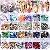 UARUOGP 3 Boxes 36 Grids Nail Art Foil Flakes Glitter Irregular Mica Seashell Flakes,Nail Supplies Glitter Slice Colorful Marble Seashell DIY Acrylic Decorations Charms