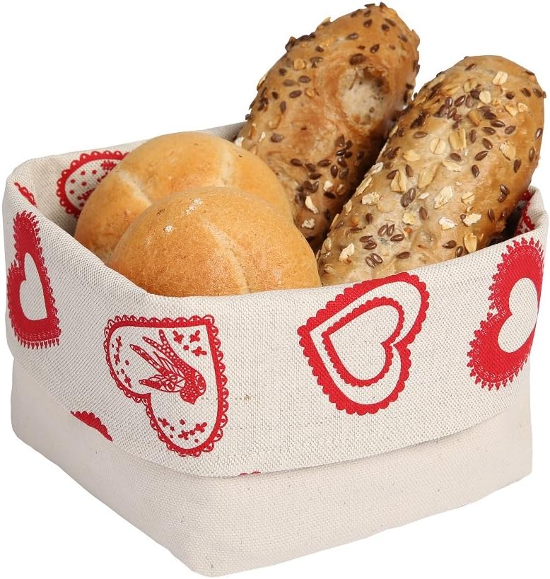 slowroom Bread Basket Made of Linen/Cotton Fabric, Naturhalbleinen with Embossed Heart, 12.5 x 12.5 x 10 cm