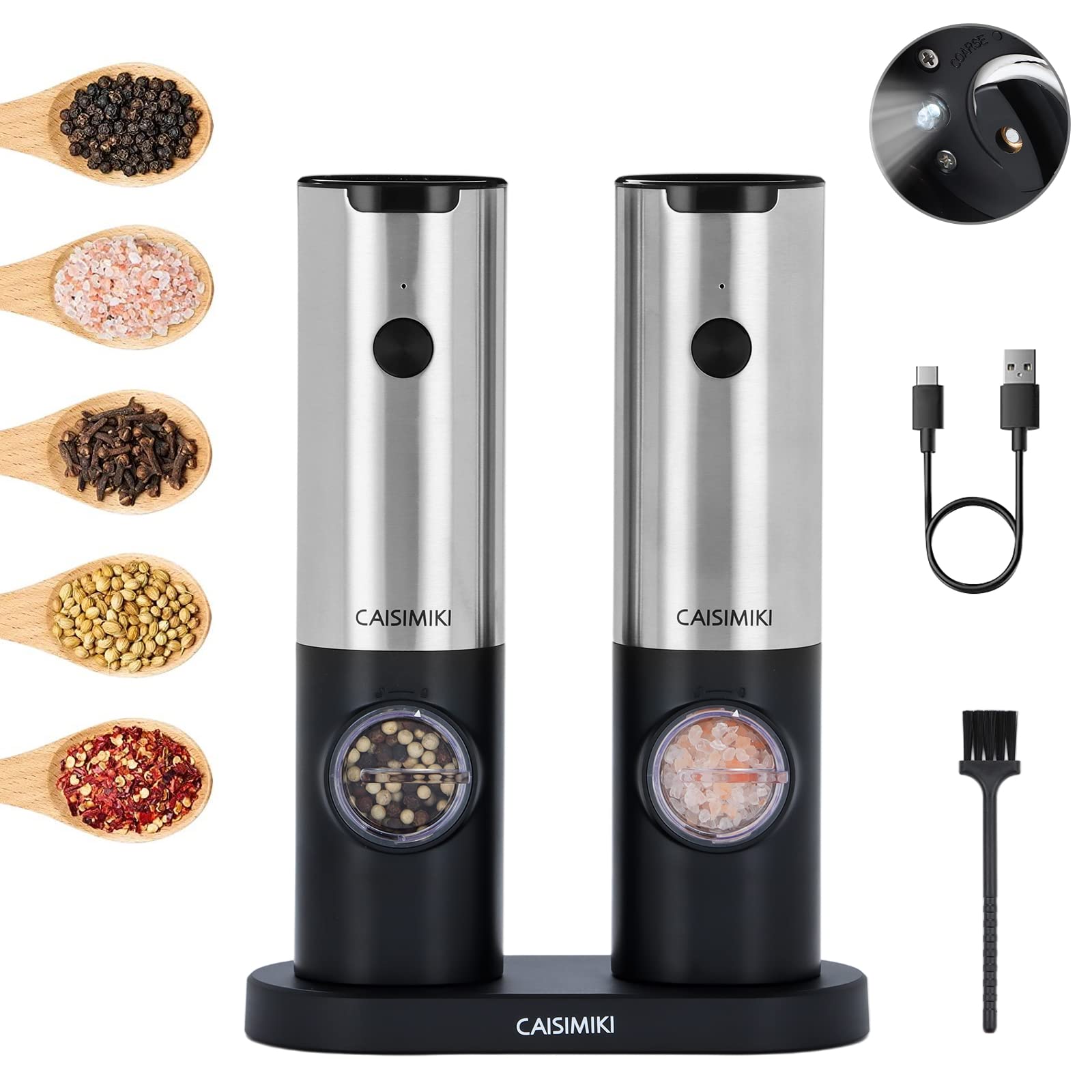 CAISIMIKI Electric Salt and Pepper Grinder Set Rechargeable Automatic Pepper Mill Grinder Stainless Steel Kitchen Gadgets Adjustable Coarseness Shakers, One Hand Operation, 2 Pack