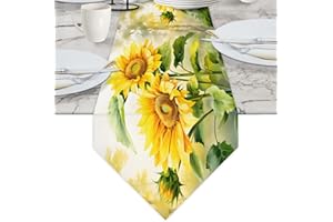 Cute Sunflower Linen Table Runner 13x60 Inches Farmhouse Rustic Tabletop Kitchen Dining Table Decoration for Home Party Weddi