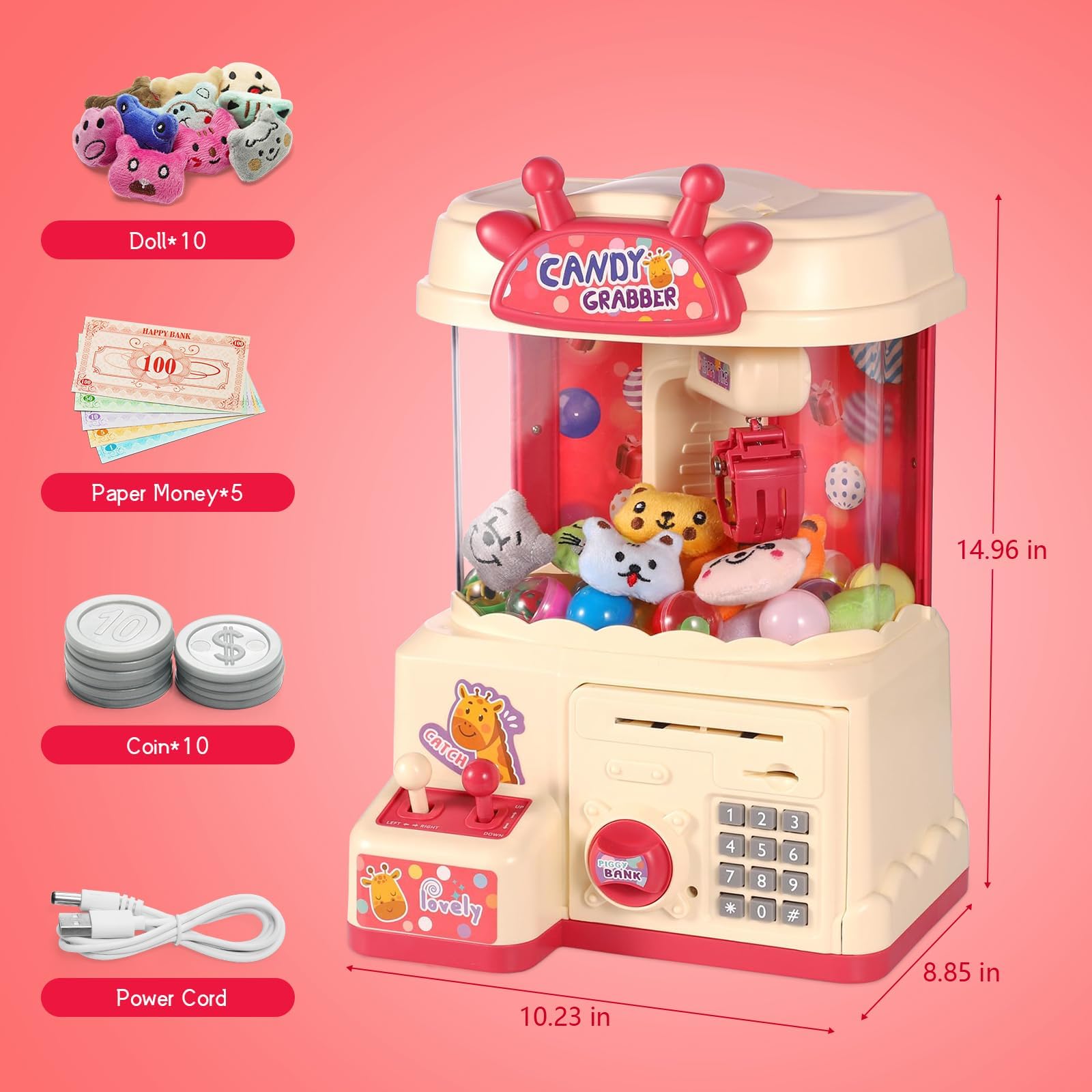 25PCS 2 in 1 Large Claw Machine and ATM Piggy Bank, with Music & Light, Party Birthday for 3-14 Kids Gift, for Real Money Savings and Grabber Prize Dispenser Toys, Pink