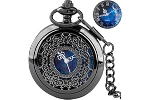Tiong Pocket Watch Hollow Blue Star Design Roman Numerals Quartz with Chain Christmas Birthday Gifts