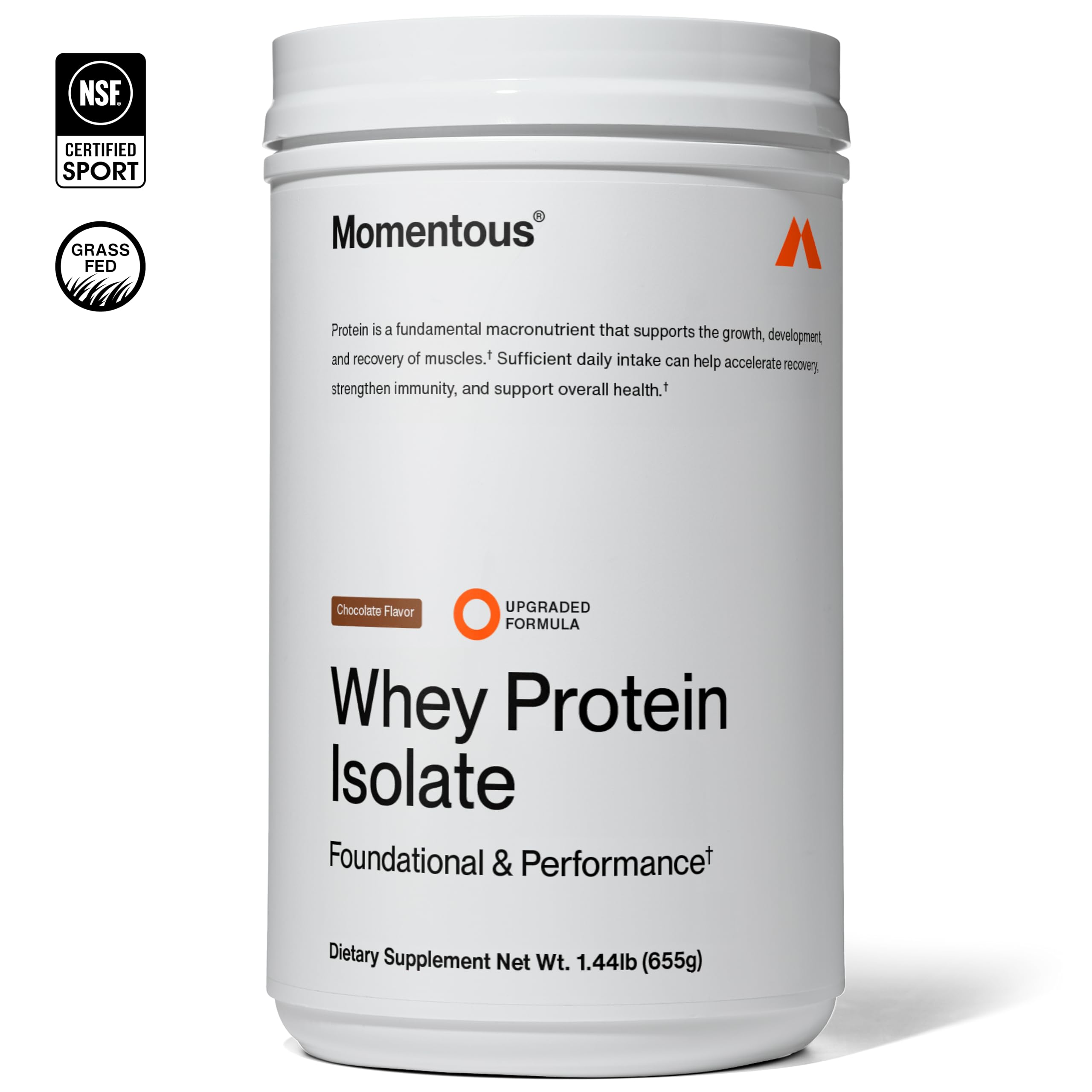 Momentous Essential Grass-Fed Whey Protein Powder - 20 g Whey Isolate Protein - NSF Certified for Sport - Gluten-Free - 24 Servings for Essential Everyday Use - Chocolate - Package May Vary