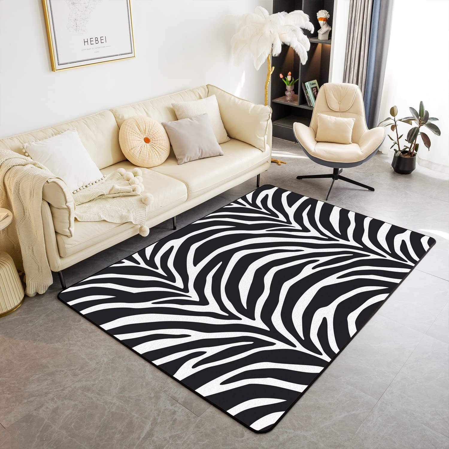 Homemissing Zebra Strip Area Rug Geometric Strip Lines Rugs for Living Room Bedroom Wild Animals Decorative Carpet Modern Abstracr Art Indoor Floor Mat Black White Accent Rug 150 * 200cm
