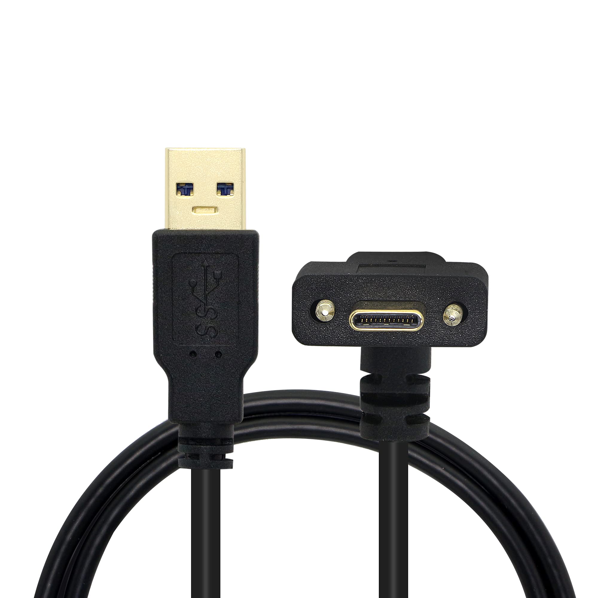 GINTOOYUN 90 Degree USB Type-C Panel Mount Cable 3.28FT Dual Screw Locking USB3.0 Type-A Male to Type-C Male Cable for Industrial Panels, Cameras, Mobile Phones, etc. (3.28)