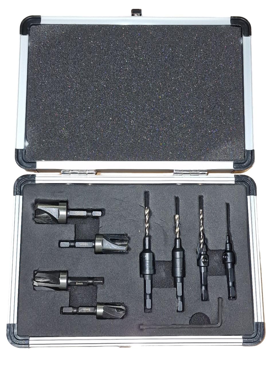 PTI Matching Plug Cutter and Countersink 8 Piece Set 6,8,10,12mm Aluminium Case, Drill Bits for Wood working, wood cutter, hinge, dowel, carpentry, DIY