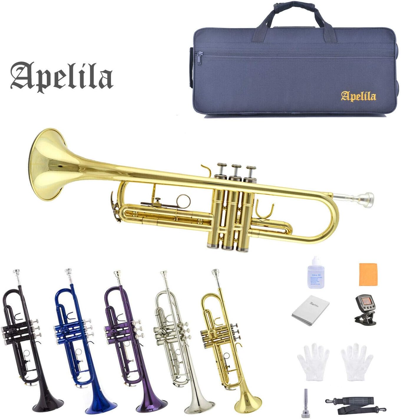 Apelila Gold Trumpet Brass Standard Bb Trumpet-Student Beginner with Hard Case,Gloves,Mouthpiece,Soft Cleaning Cloth,Strap,and Valve Oil: Musical Instruments