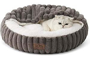 COZY KISS Cat Bed with Hooded Blanket, Round Fluffy Anti-Anxiety Pet Bed for Cats/Toy Breed Dogs, Cozy Donut Cuddler with Machine Washable Faux Fur & Anti-Slip Bottom(20"×20"×6",Grey)