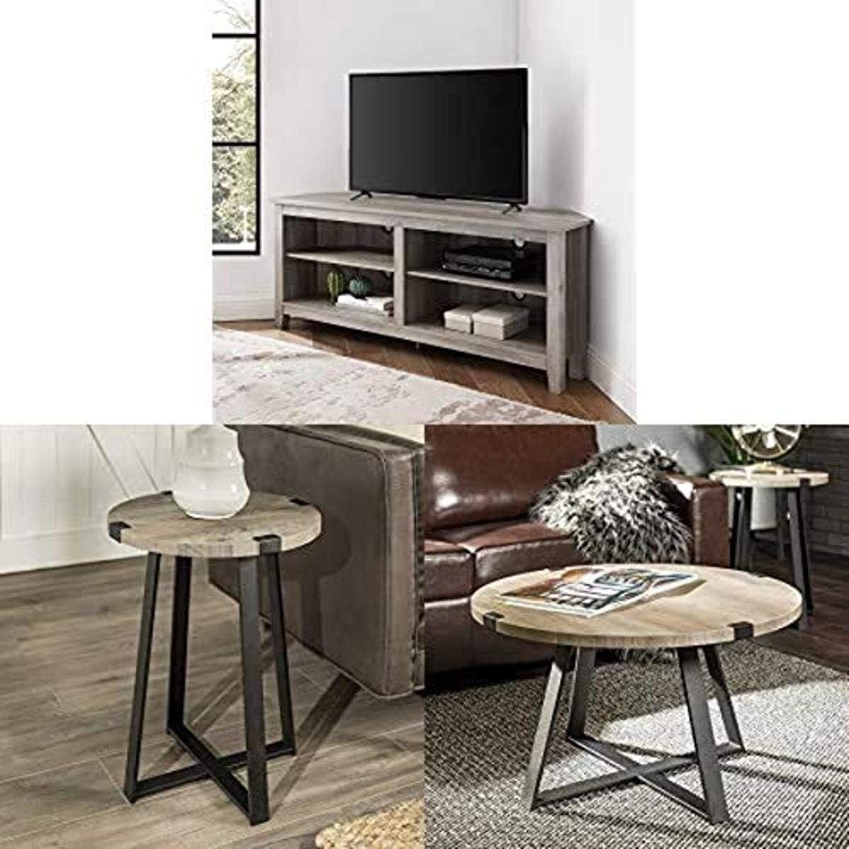 Walker Edison Furniture Company Simple Farmhouse Wood Stand Cabinets for TV with WE Furniture Side End Accent Table, 18 Inch and Round Metal Coffee Accent Table Living Room, 30 Inch, Grey, Black