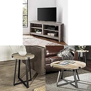 Walker Edison Furniture Company Simple Farmhouse Wood Stand Cabinets for TV with WE Furniture Side End Accent Table, 18 Inch and Round Metal Coffee Accent Table Living Room, 30 Inch, Grey, Black