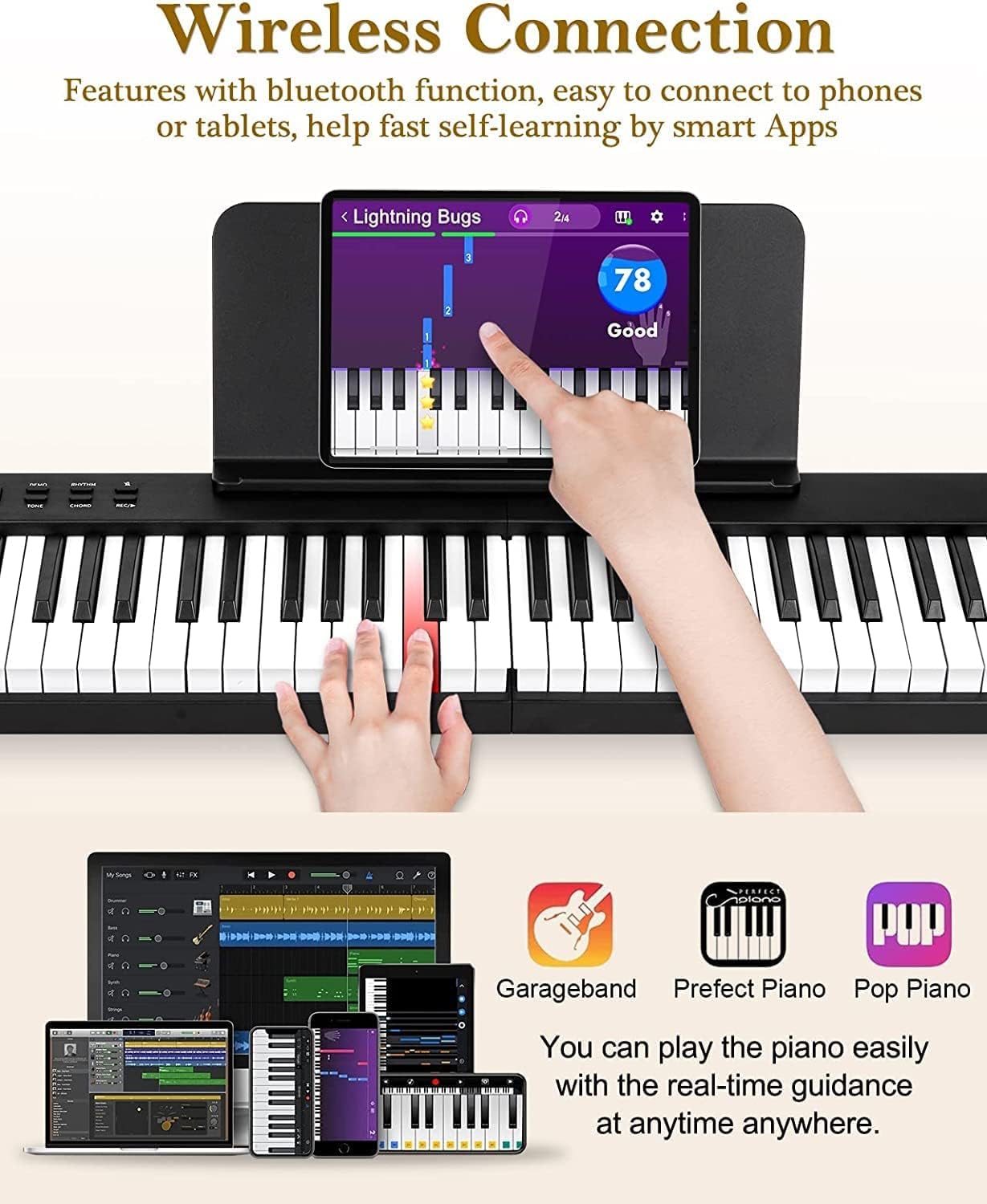 Folding Piano, Portable 88 Key Full Size Foldable Keyboard Piano Semi-Weighted Bluetooth with Light up Keys, Sustain Pedal and Handbag, Black, by Vangoa