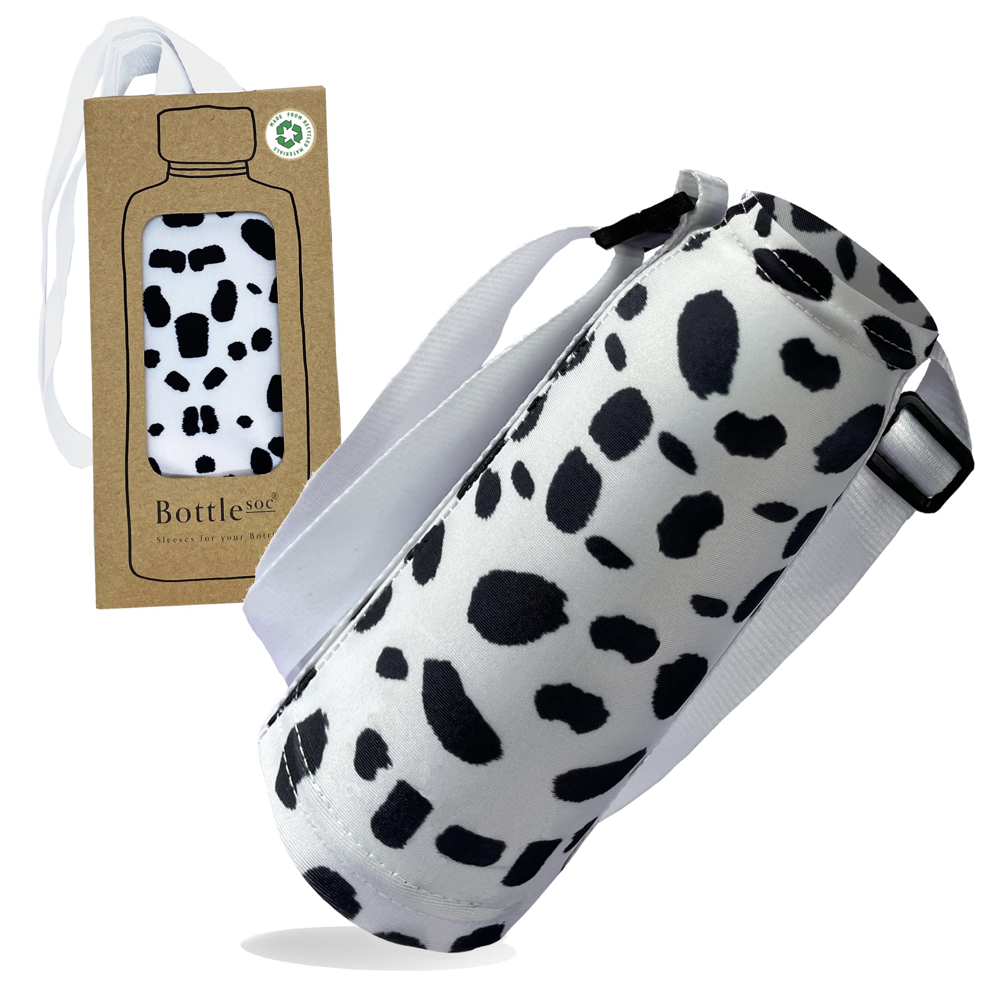 Bottlesoc Water Bottle Carrier with Shoulder Strap | Dalmation Design - Washable Cover for Walking & Travel | Eco Friendly Sleeve with Adjustable Strap | Stretchable & Reusable Water Bottle Holder