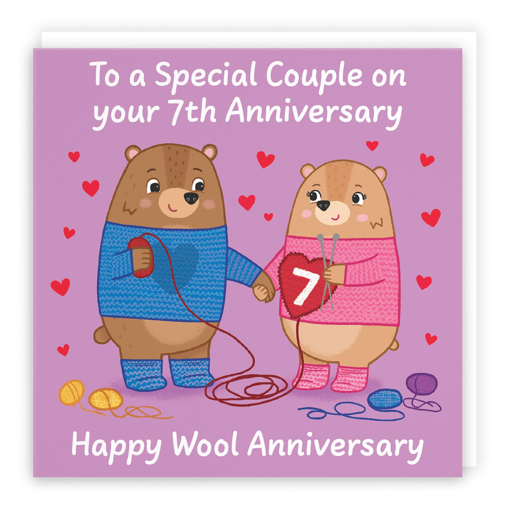 Hunts England - Couple 7th Anniversary Card - Wool Anniversary - Seventh Anniversary - 7 Years - Cute Fun Bears Card - Love Story Collection
