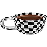 BuleVina Checkered Coffee Mug 5oz 4x2 inch, Creative Irregular Checkerboard Ceramic High-value Retro Afternoon Tea Coffee Cup Set, Novelty Plaid Cup for Office (Black)