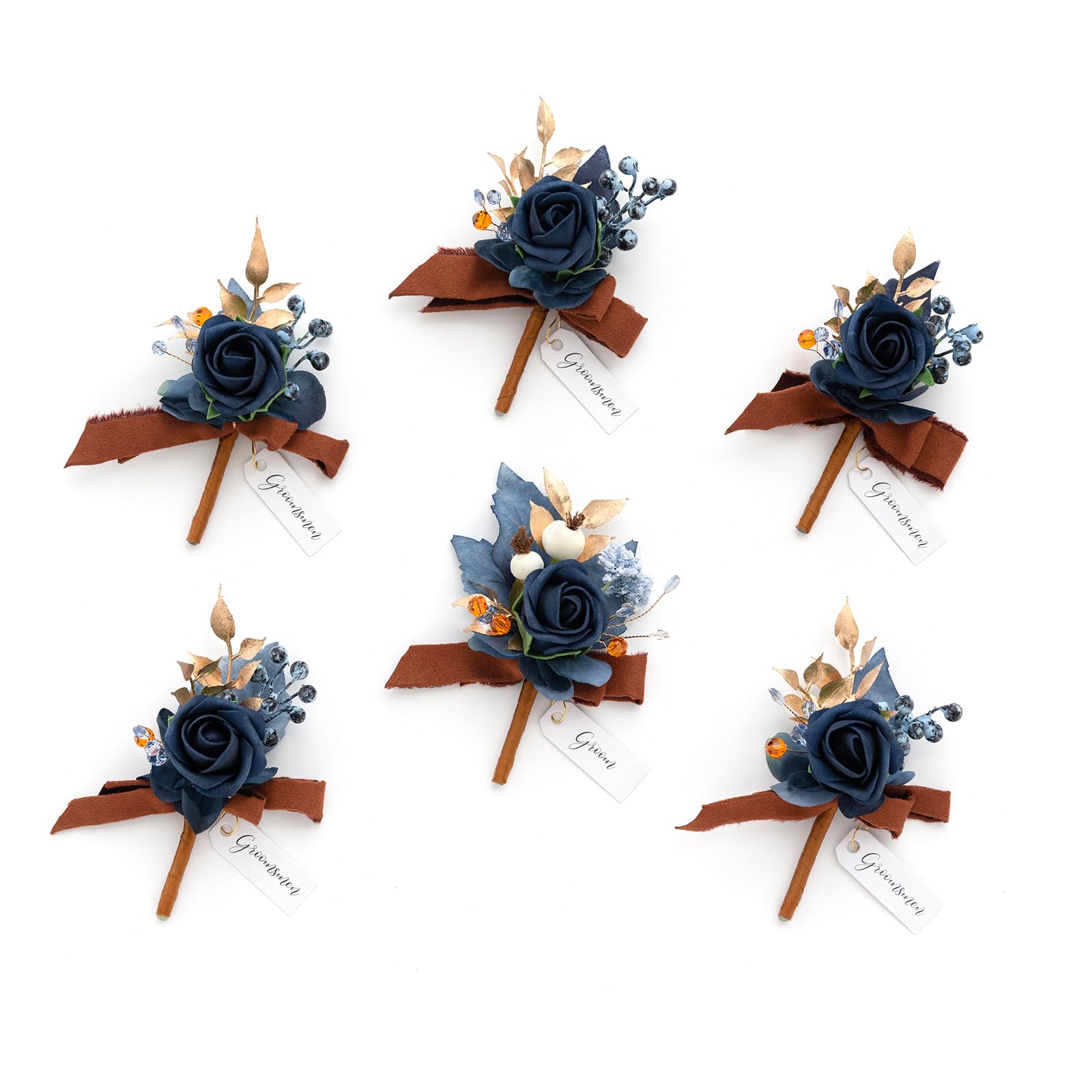 Photo 1 of (partial set) Ling's Moment Boutonniere for Men, 6pcs Groom Groomsmen Boutonniere, Artificial Flowers for Wedding Decor/Prom/Homecoming, etc.Burnt Orange Navy Blue