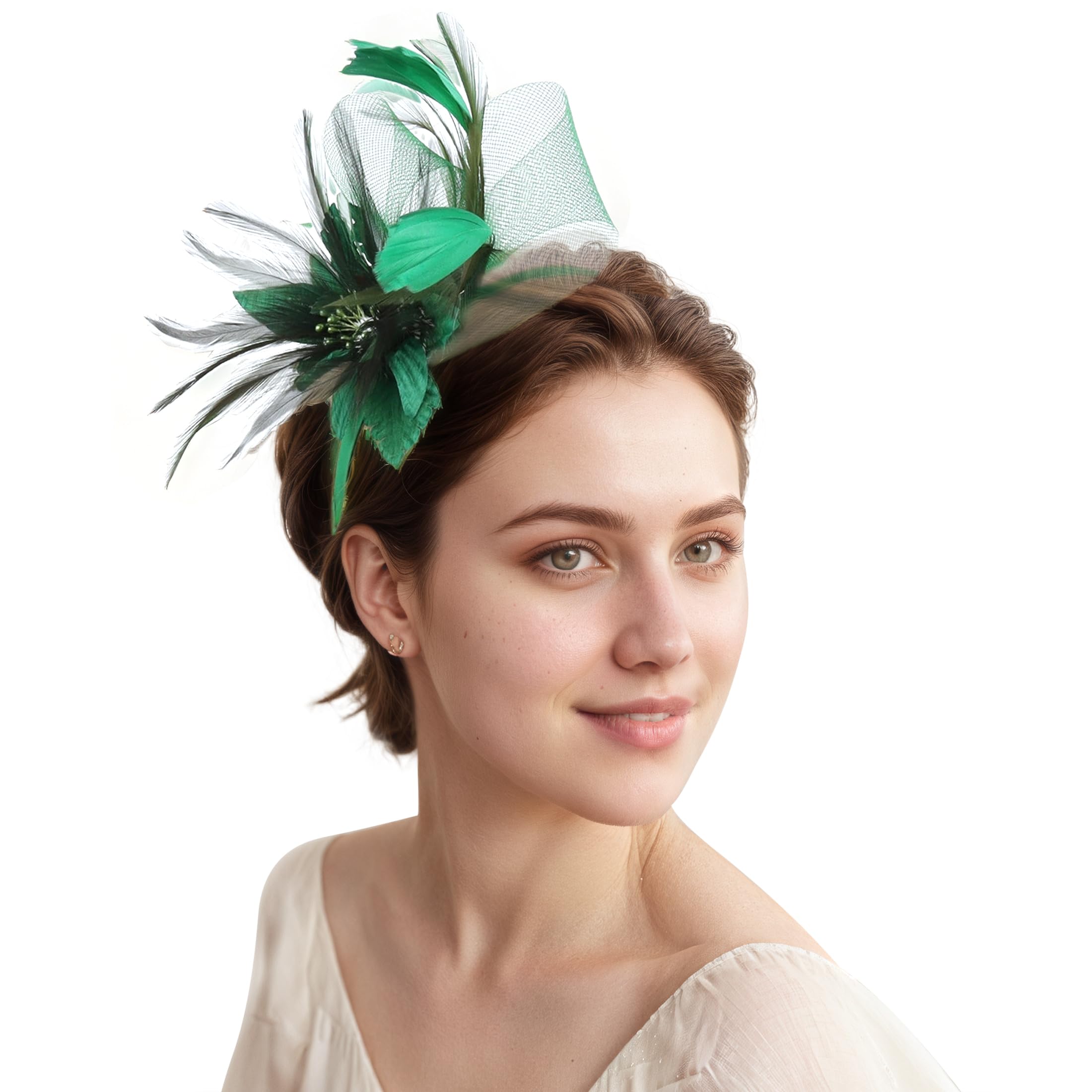 Women Feather Mesh Headband Retro Bridal Flower Headpiece Ladies Ascot Races Floral Fascinator Cocktail Ball Tea Party Head Band Headwear (Green, One size)