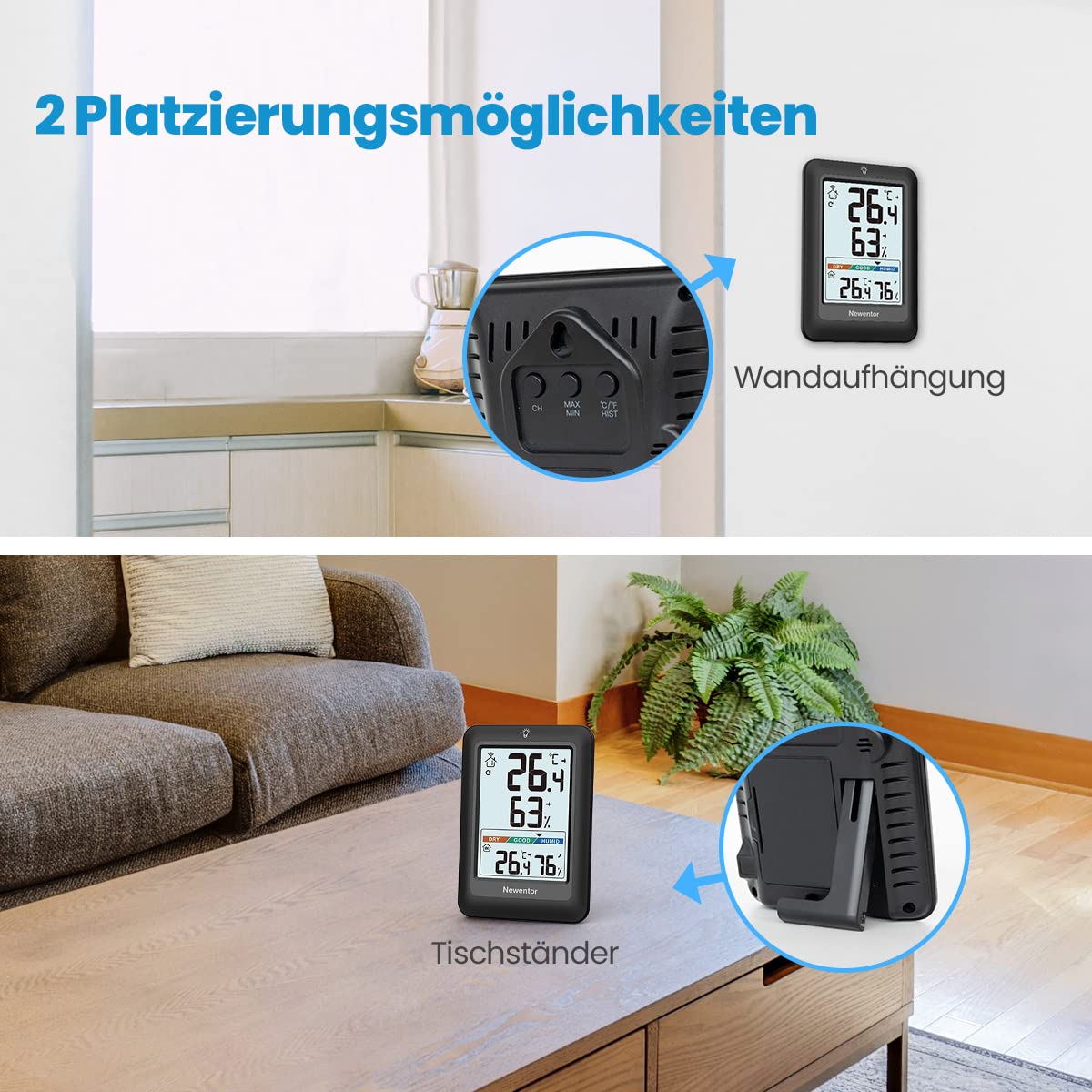 Newentor Thermometer innen außen MAX MIN 24/48 Std 8