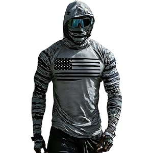Men's UPF 50+ Sun Protection Hooded Shirt with Integrated Face Cover Long Sleeve Lightweight Rash Guard Shirts