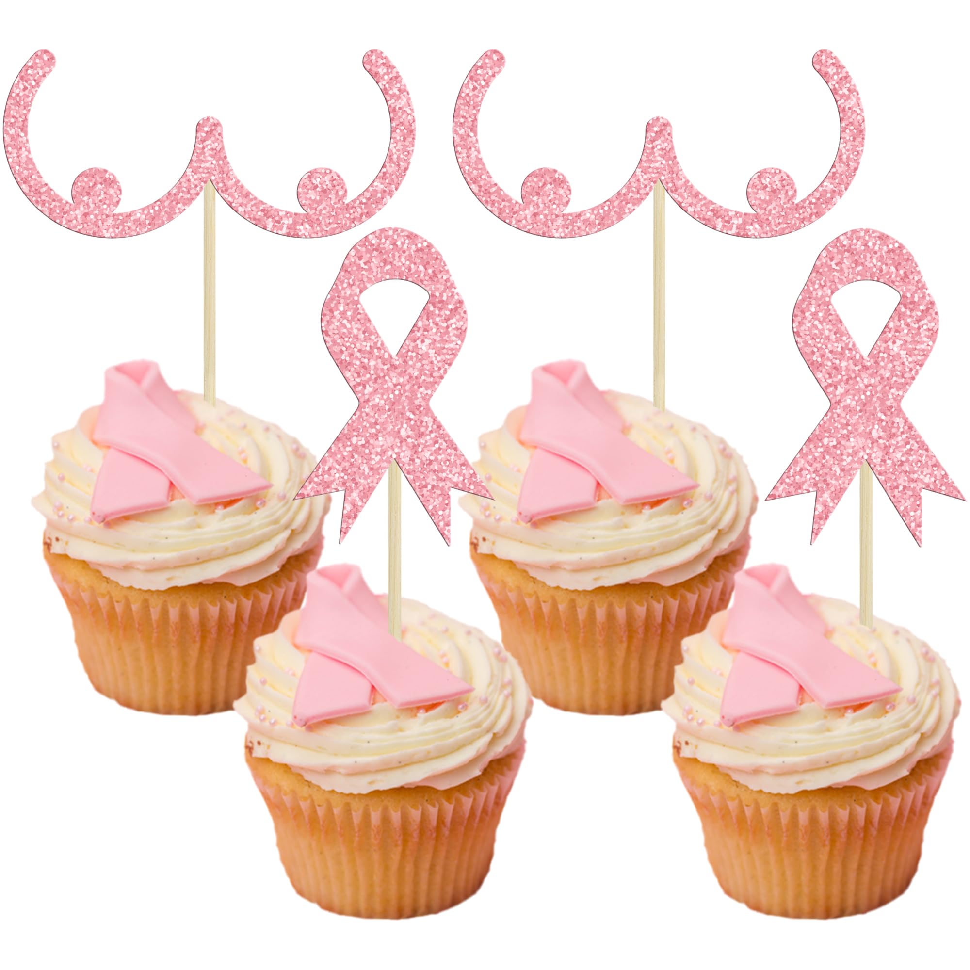 Gyufise 24Pcs Breast Cancer Awareness Cupcake Toppers Glitter Ribbon Fight Believe Hope Cupcake Picks Believe Hope Pink Ribbon Cupcake Decorations Party Supplies Pink