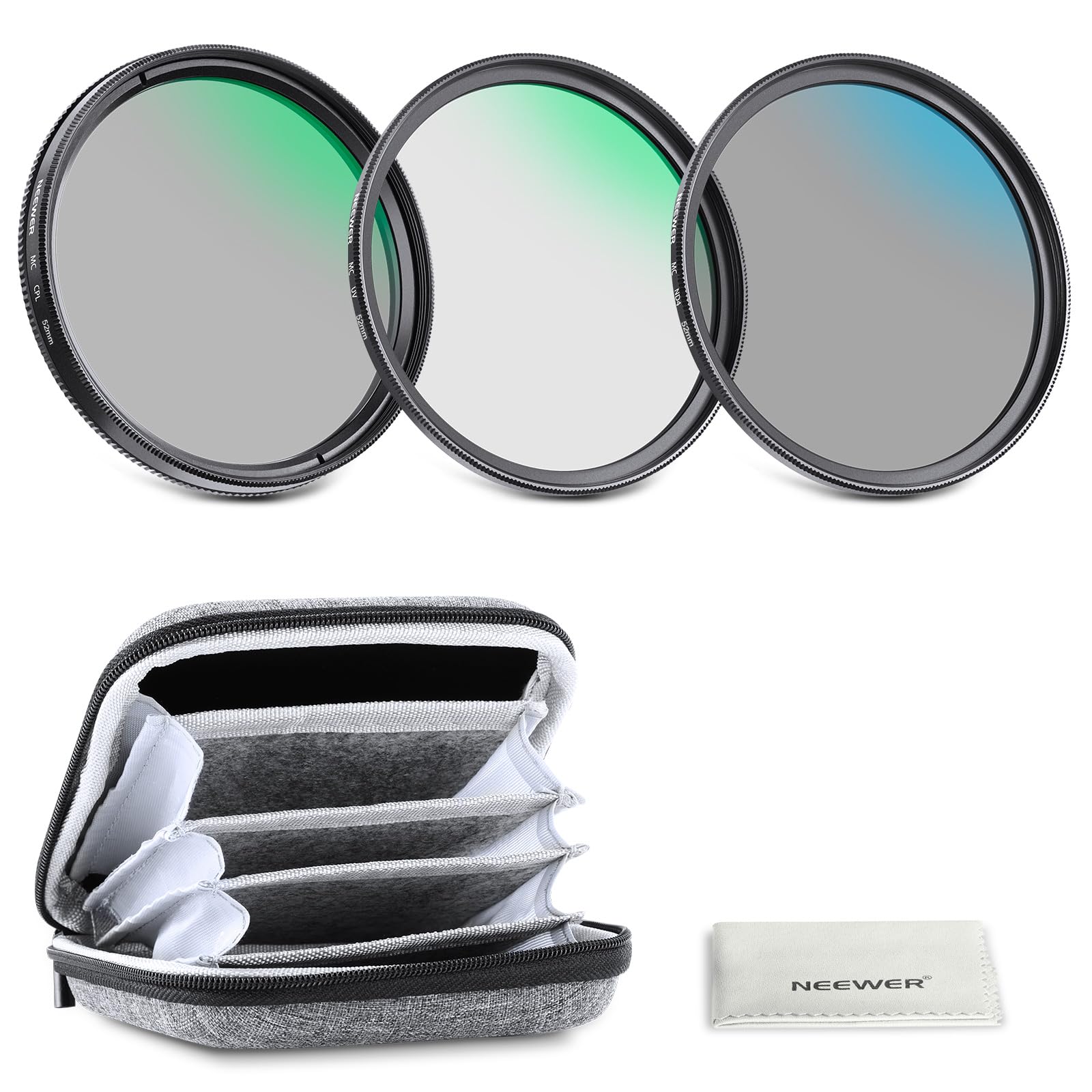 NEEWER 52mm UV/CPL/ND Lens Filter Kit with Hard Shell Storage Case, Multicoated Optical Glass & Aluminum Alloy Frame, UV + Circular Polarizer (CPL) + Neutral Density (ND4) Filter for Camera Lens