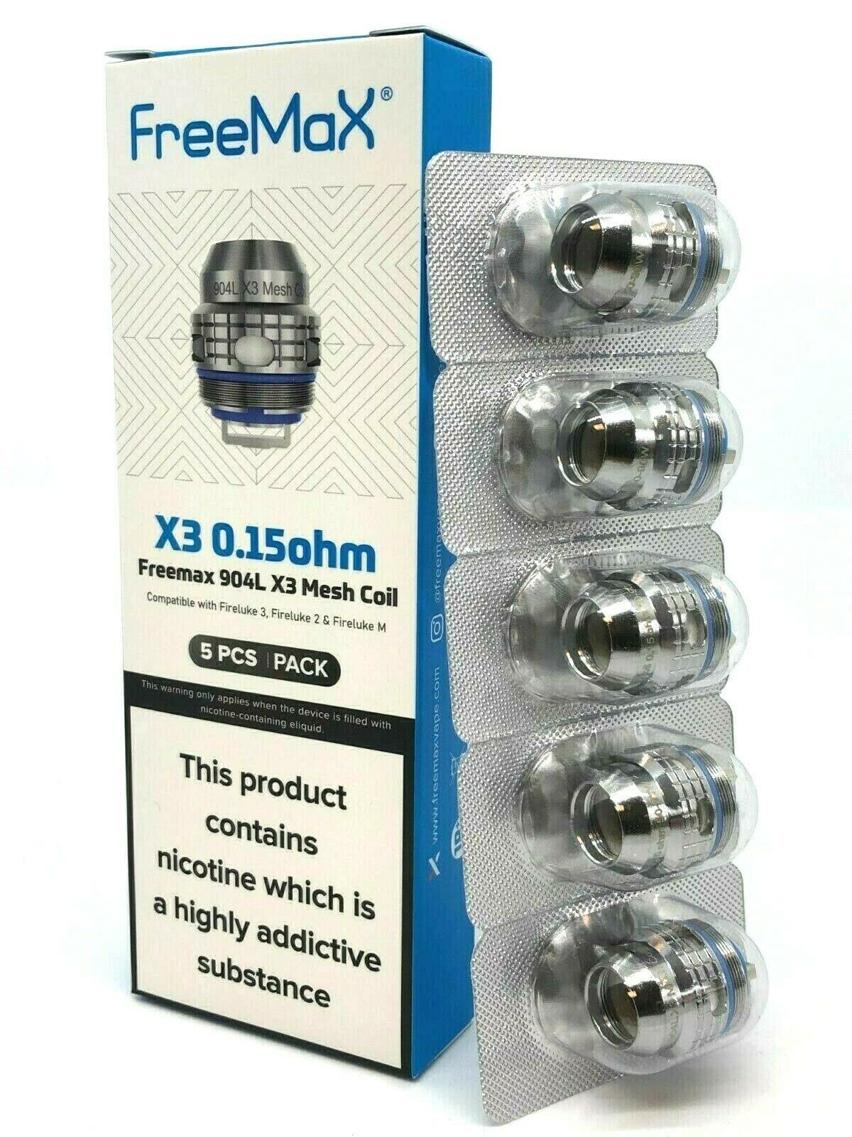 Freemax | 904L X Mesh Coils | Pack of 5 | X Series | for Fireluke 3, Fireluke 2 & Fireluke M Tanks - Contains No C₁₀H₁₄N₂ (X3-0.15 ohm)