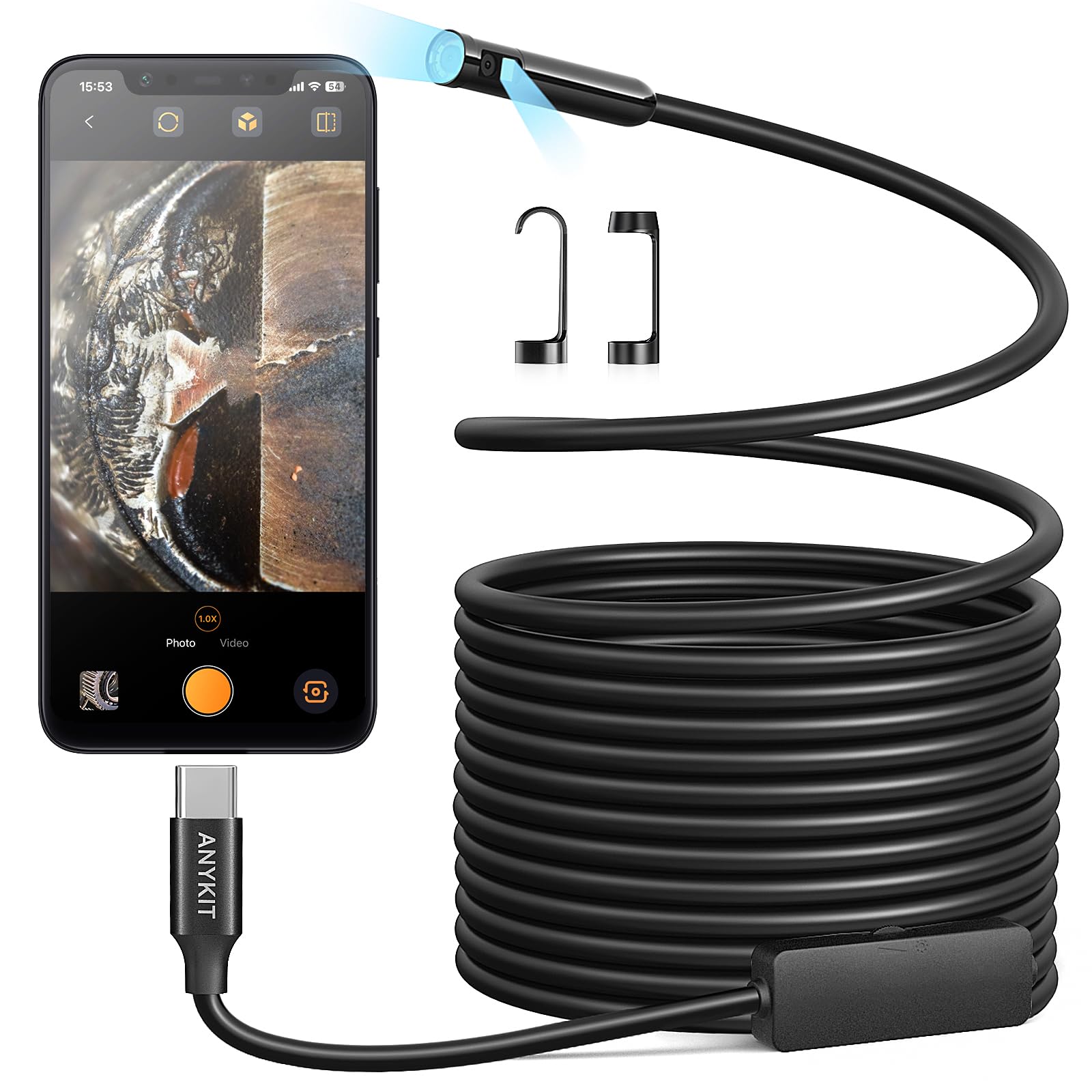 Photo 1 of Anykit Dual Lens Endoscope With Adjustable Lights, Type C Borescope for Sewer, IP67 Waterproof Semi-Rigid Snake Camera, 1080HD Industrial Scope Inspection, Gadgets for Men (16.5 ft)