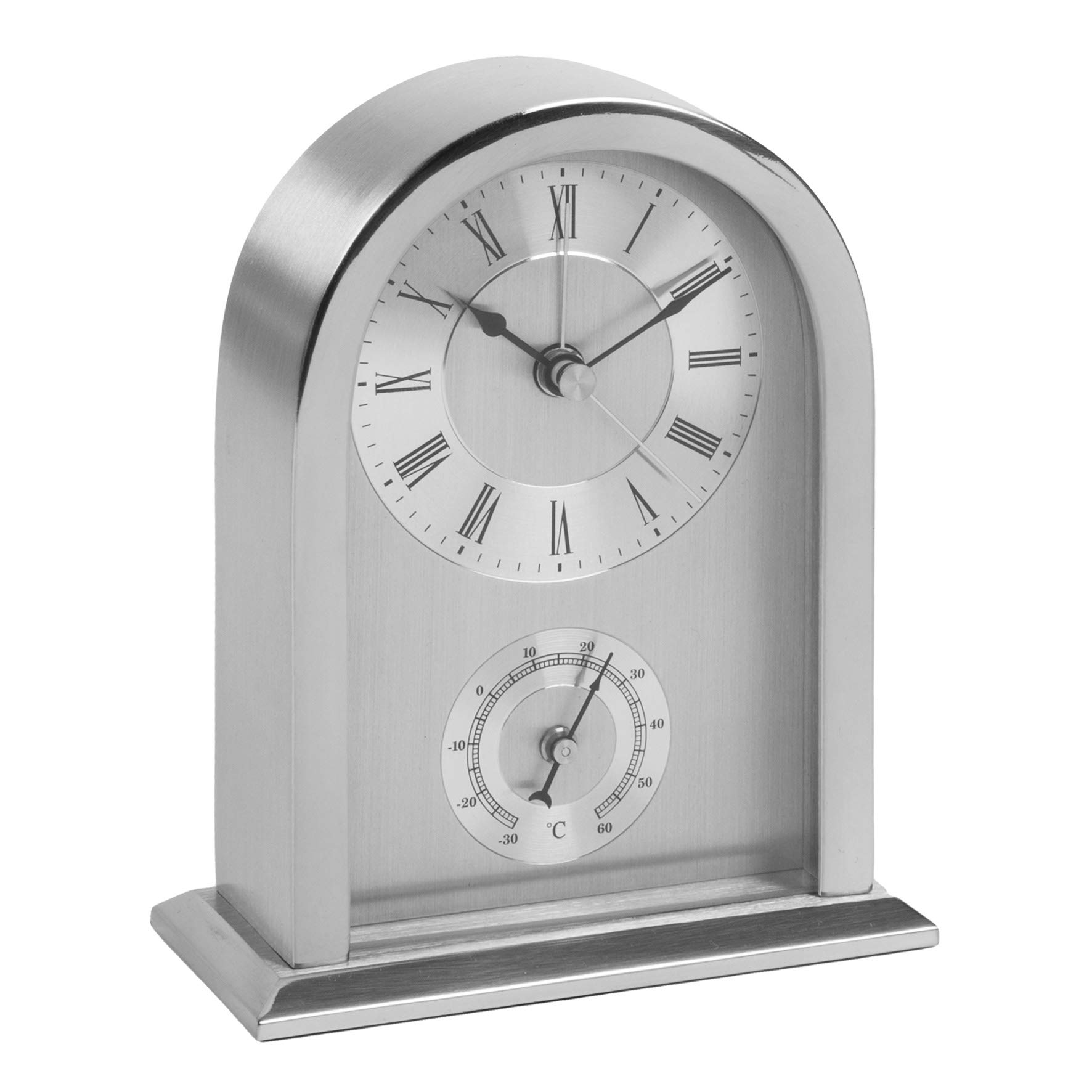 WM Widdop A stunning, brushed aluminium arched mantel carriage clock with Thermometer guage