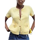 WDIRARA Women's Short Sleeve Button Up Cardigan Sweaters Crew Neck Knit Outerwear