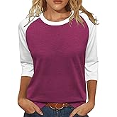 Heymiss Womens Tops 3/4 Sleeve Shirts Round Neck Loose Casual Tshirts Color Block Summer Tees