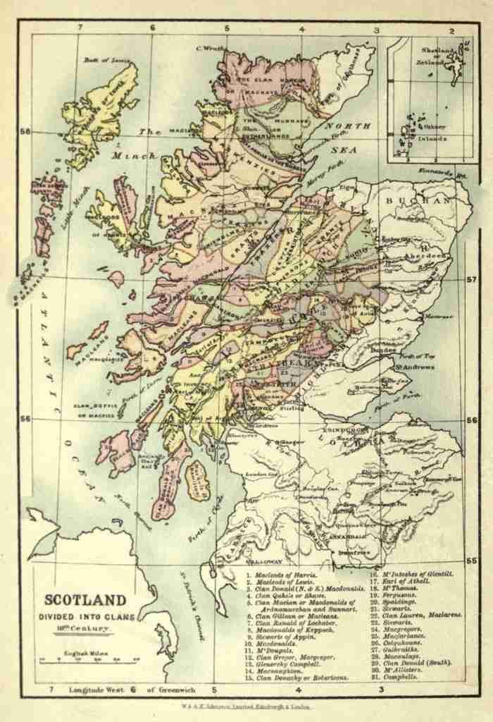 A4 Photo Map The Scottish Clans & their Tartans nd Scotland divided