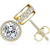 TAKUGI 14K Gold Stud Earrings for Women Round Brilliant Cubic Zirconia Earrings Studs White/Black Dainty Gold Earring for Womens Stud