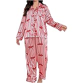 WDIRARA Women's Plus Szie 2pc Bowknot Satin Pajama Set Striped Long Sleeve Button Down Pants Sleepwear Sets