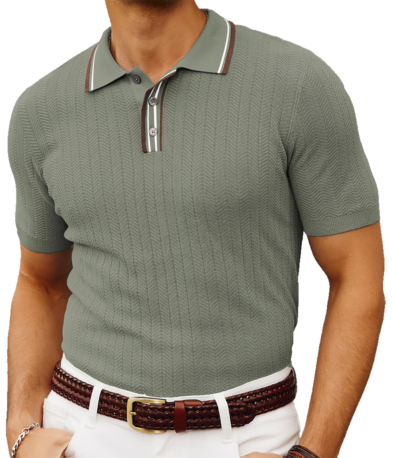 Photo 1 of PJ PAUL JONES Polo Shirts for Men Short Sleeve Textured Knit Polo Shirts Fashion Collared Knitted Polos Clothing Khaki Green XL