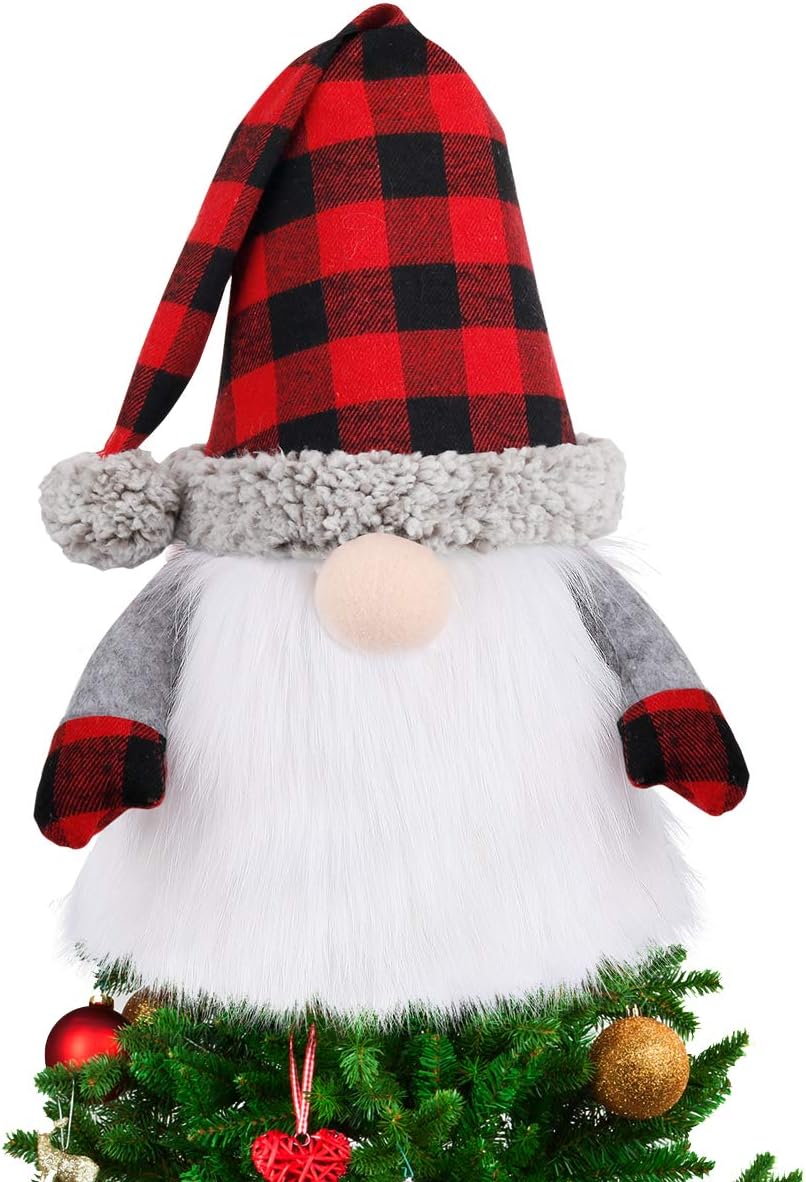 Tree Toppers - D-FantiX Gnome Christmas Tree Topper, 27.5 Inch Large Swedish Tomte Gnome Christmas Ornaments Santa Gnomes Plush Scandinavian Christmas Decorations Holiday Home Décor with Plaid Hat