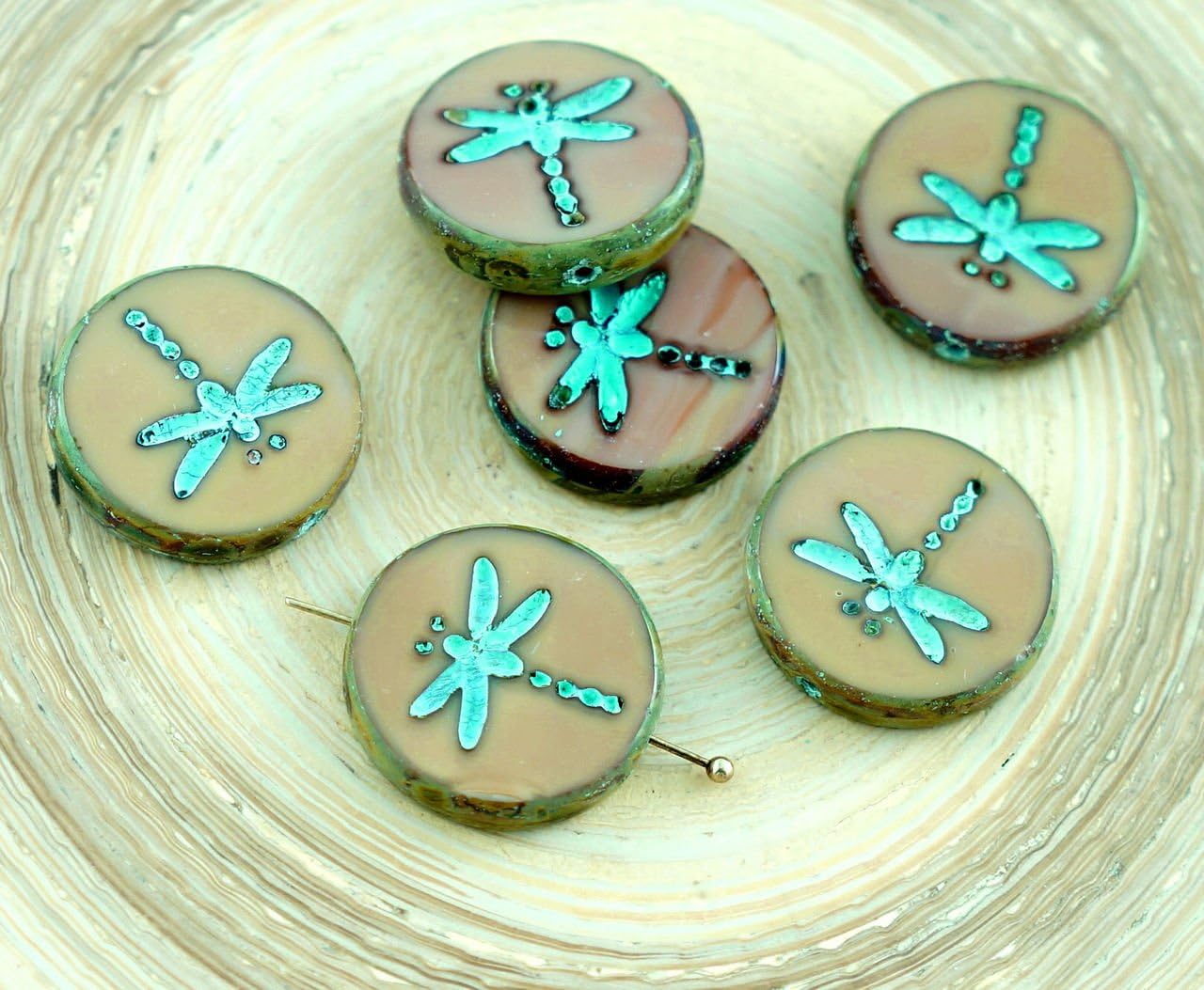 4pcs Opaque Silky Beige Brown Turquoise Rustic Window Dragonfly Table Cut Flat Coin Round Czech Glass Beads 17mm