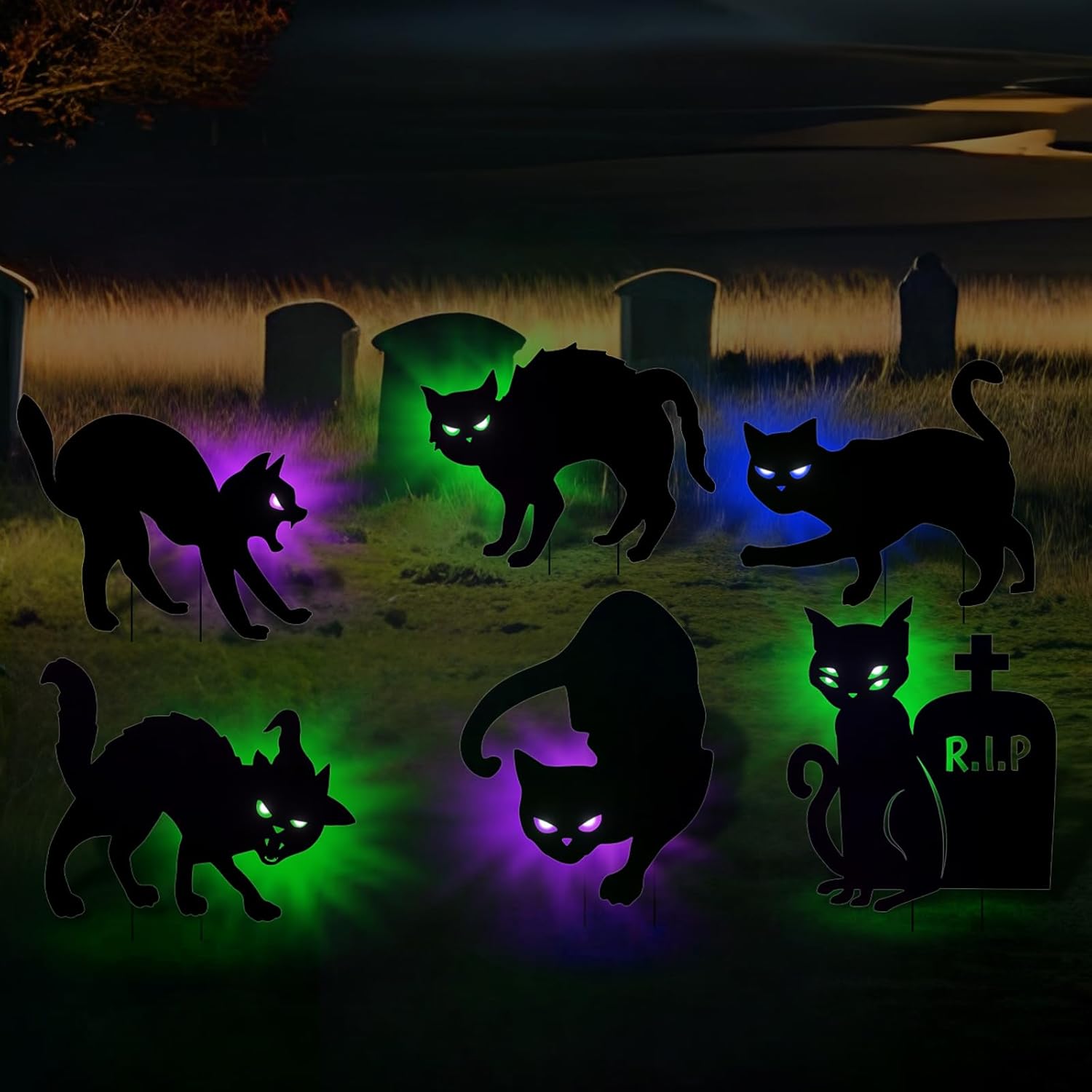 Yard Signs - Halloween Yard Signs Stakes Decorations Outdoor - 6pcs Black Cat Lawn Decorations Signs with LED Light Up Eyes for Garden Yard Scary Halloween Decorations Outside