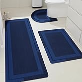 Ultra Thin Bath Mat, Upgrade Backing Non Slip Thin Bath Mats Fit Under Door, Quick Dry Ultra Absorbent Bathroom Rugs, Machine Washable Bath Rugs for Bathroom, Bathtub,Dark Blue/Bordered/3 Piece