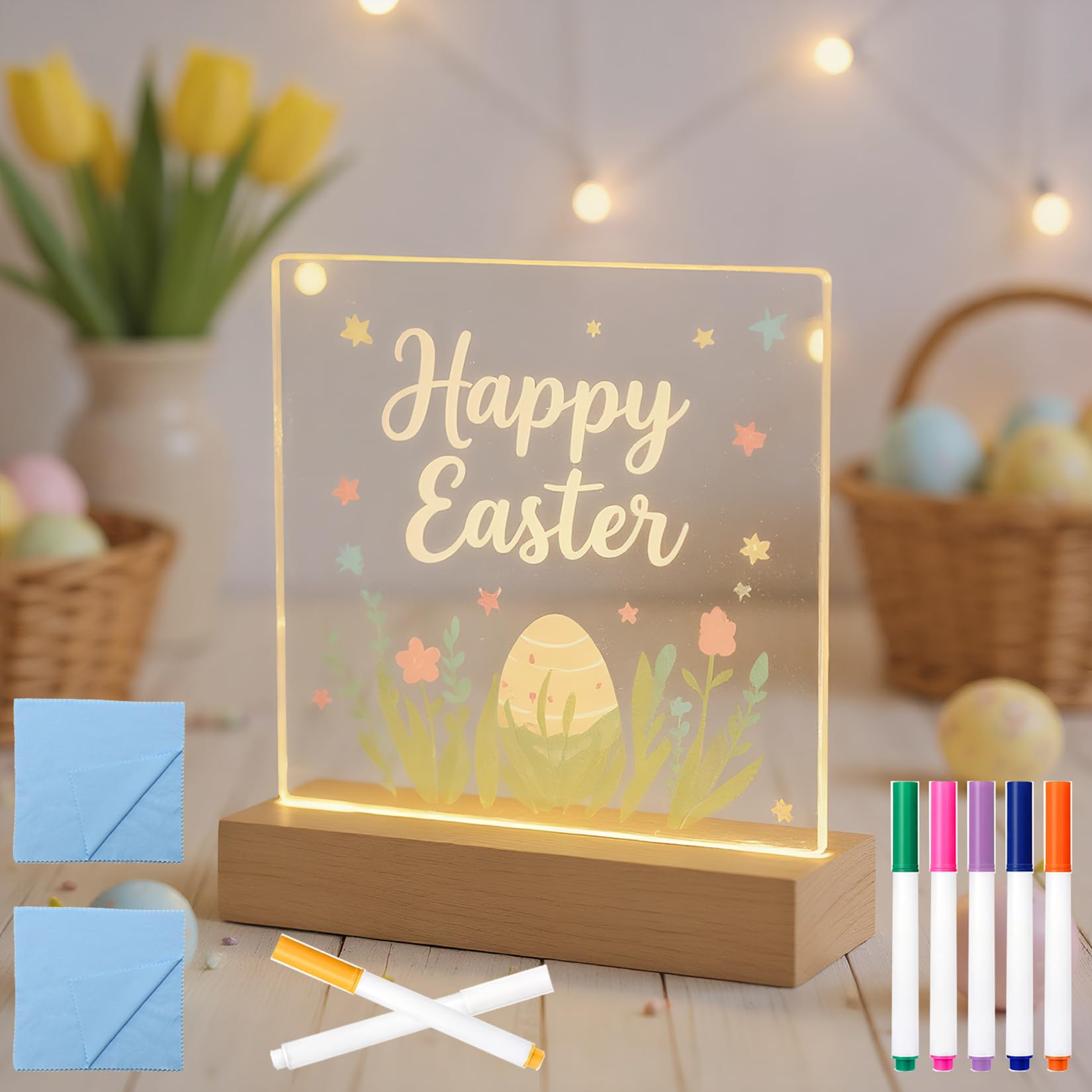 Photo 1 of FRELWIM 5.9 x 5.9 Inch Warm LED Message Note Board with Colors, Clear Acrylic Light Up Dry Erase Drawing Writing Board with Stand